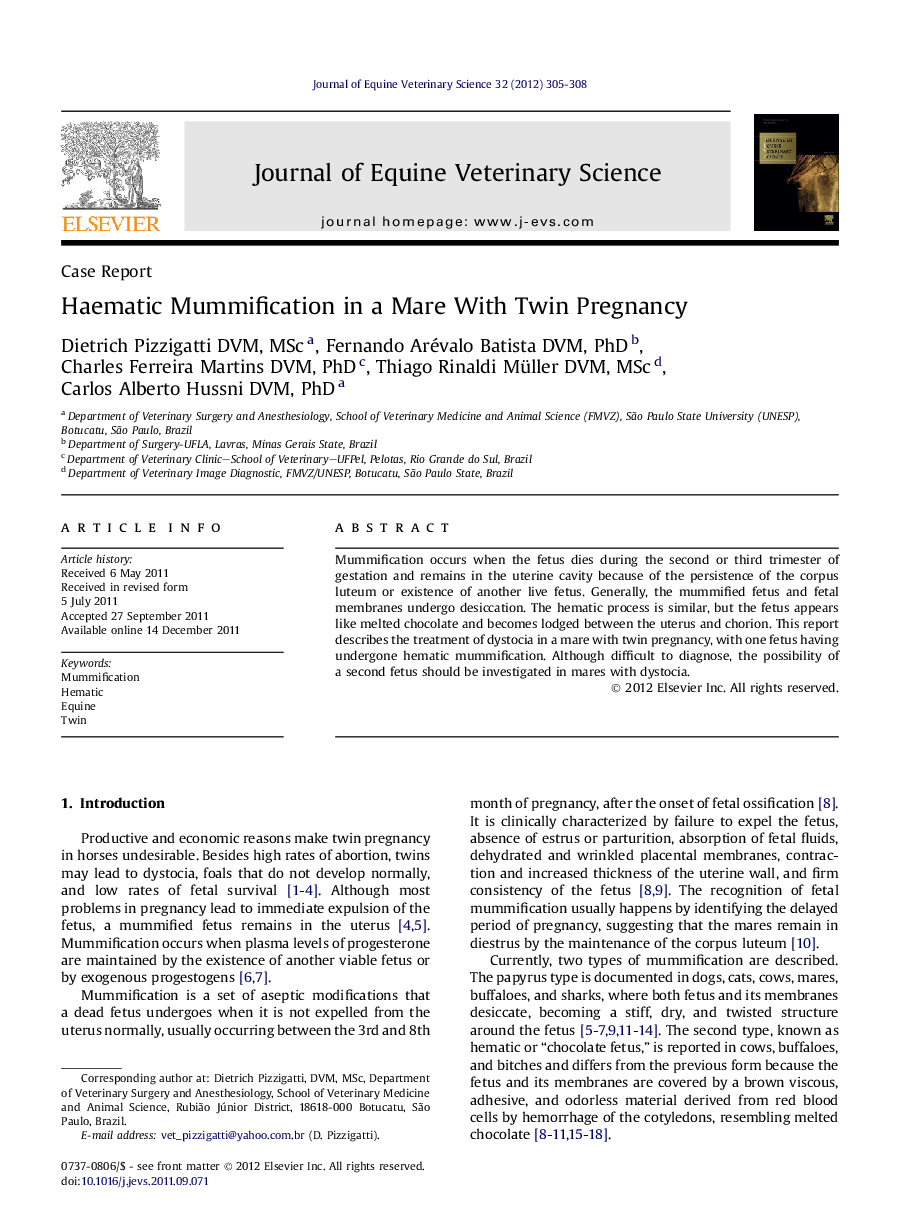 Haematic Mummification in a Mare With Twin Pregnancy