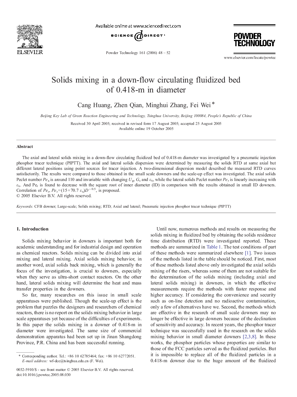 Solids mixing in a down-flow circulating fluidized bed of 0.418-m in diameter