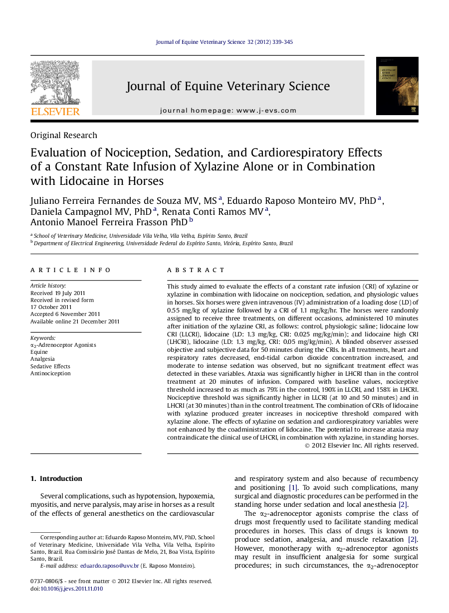 Evaluation of Nociception, Sedation, and Cardiorespiratory Effects of a Constant Rate Infusion of Xylazine Alone or in Combination with Lidocaine in Horses