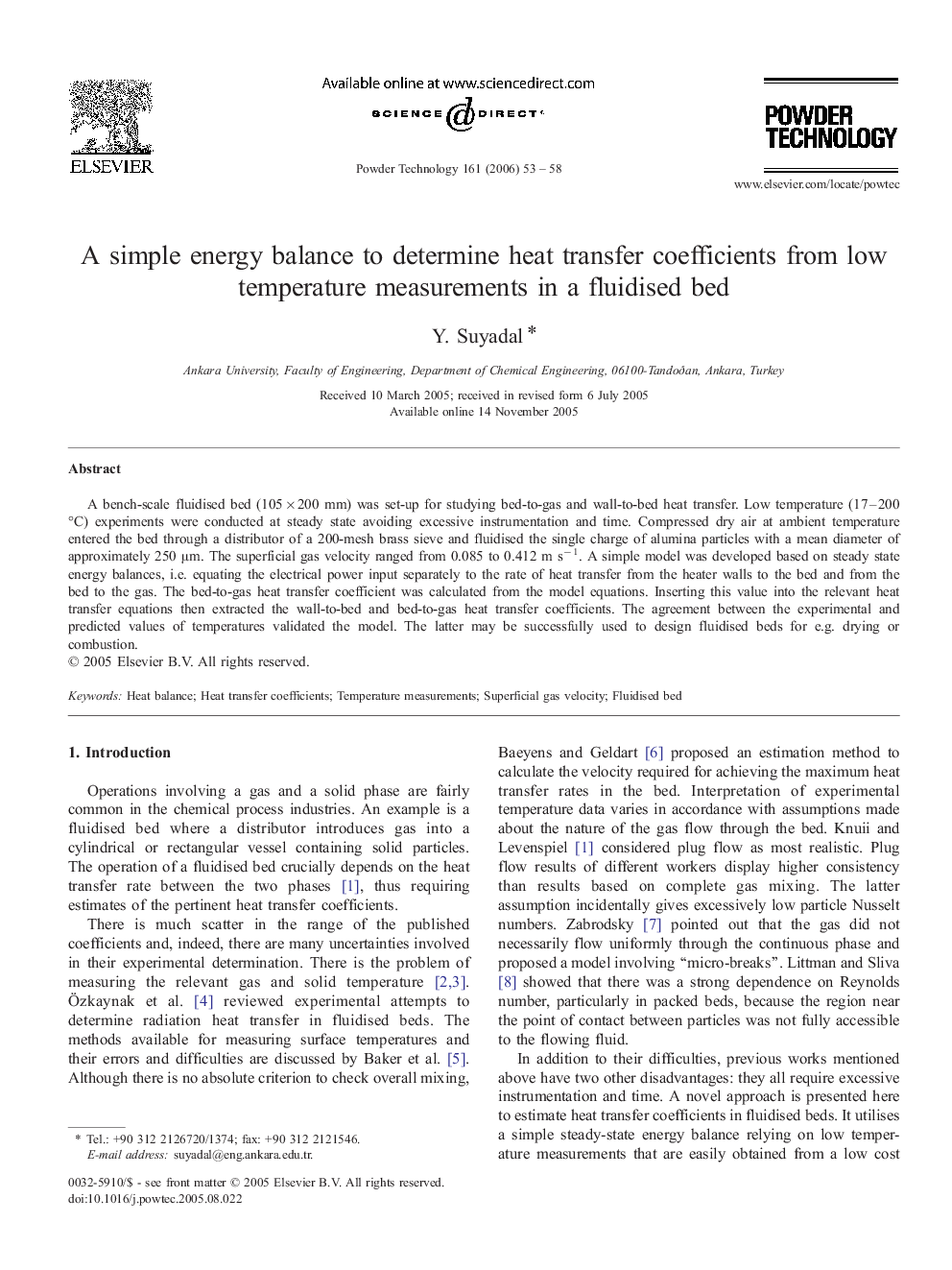 A simple energy balance to determine heat transfer coefficients from low temperature measurements in a fluidised bed