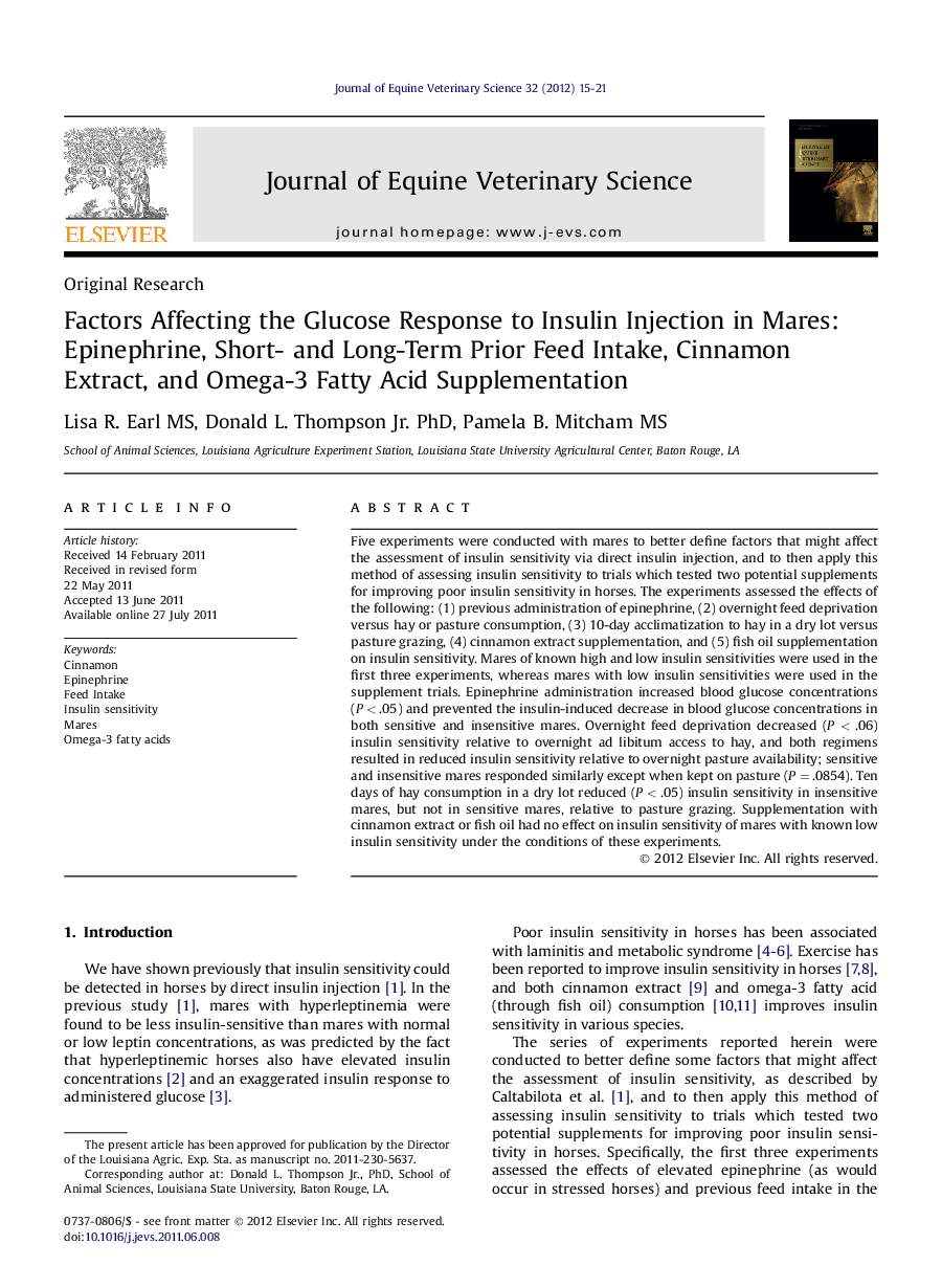 Factors Affecting the Glucose Response to Insulin Injection in Mares: Epinephrine, Short- and Long-Term Prior Feed Intake, Cinnamon Extract, and Omega-3 Fatty Acid Supplementation 