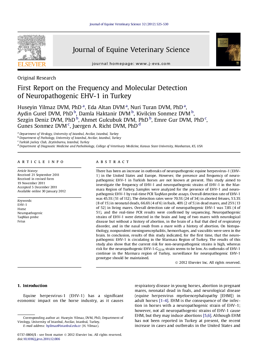 First Report on the Frequency and Molecular Detection of Neuropathogenic EHV-1 in Turkey