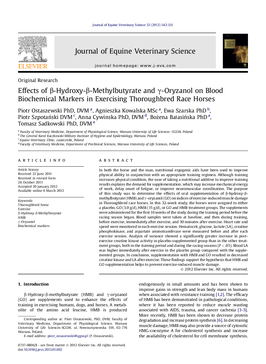 Effects of β-Hydroxy-β-Methylbutyrate and γ-Oryzanol on Blood Biochemical Markers in Exercising Thoroughbred Race Horses