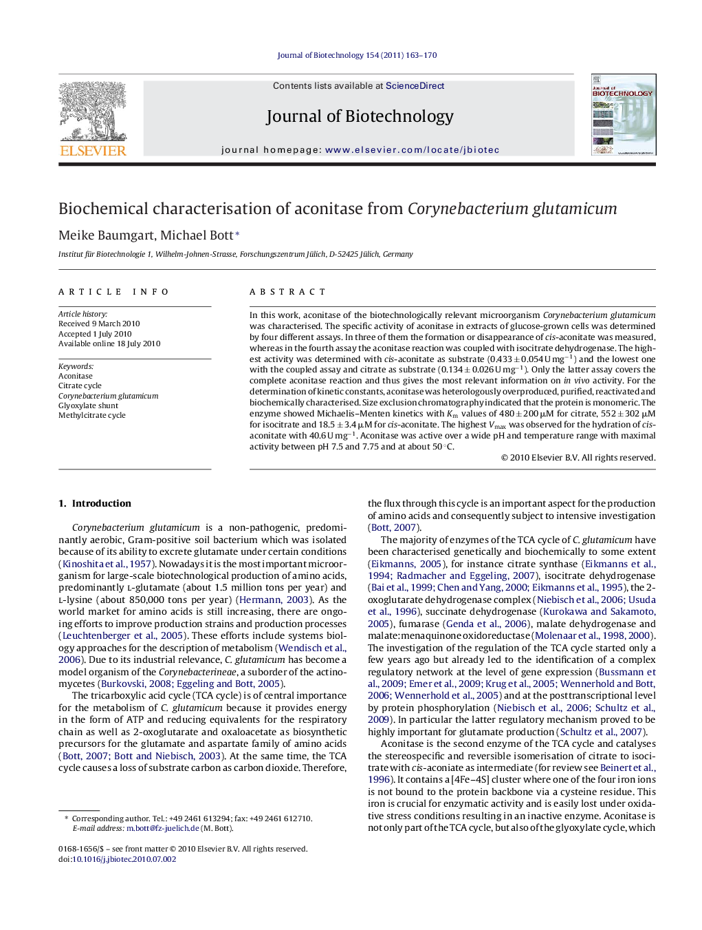 Biochemical characterisation of aconitase from Corynebacterium glutamicum