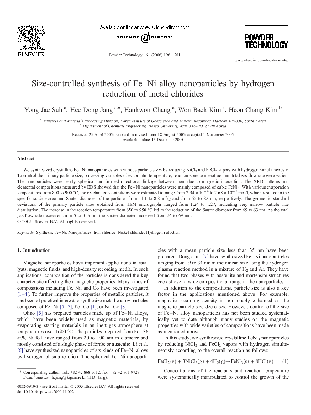 Size-controlled synthesis of Fe–Ni alloy nanoparticles by hydrogen reduction of metal chlorides