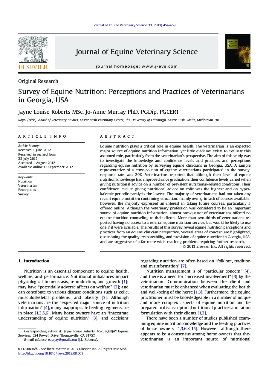 Survey of Equine Nutrition: Perceptions and Practices of Veterinarians in Georgia, USA