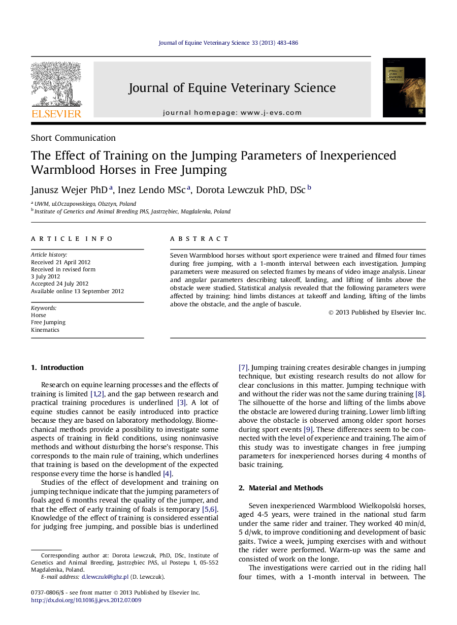 The Effect of Training on the Jumping Parameters of Inexperienced Warmblood Horses in Free Jumping