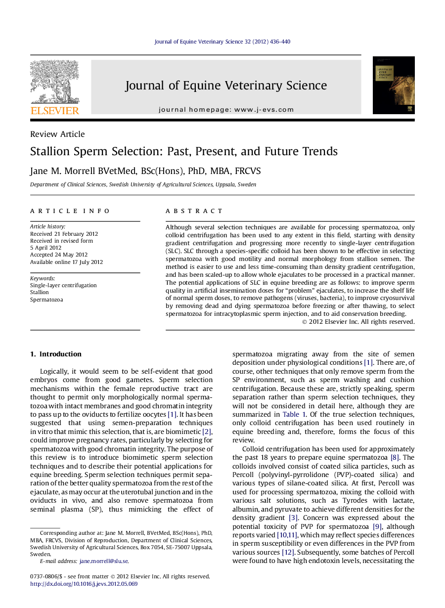 Stallion Sperm Selection: Past, Present, and Future Trends