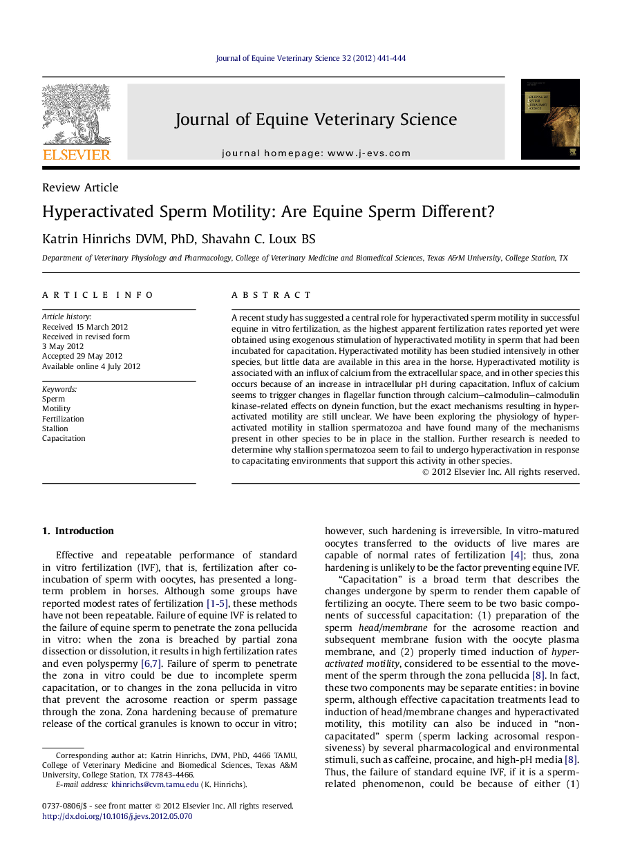 Hyperactivated Sperm Motility: Are Equine Sperm Different?