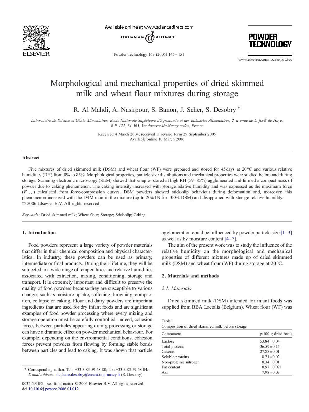 Morphological and mechanical properties of dried skimmed milk and wheat flour mixtures during storage