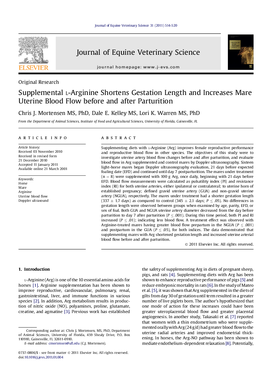 Supplemental l-Arginine Shortens Gestation Length and Increases Mare Uterine Blood Flow before and after Parturition