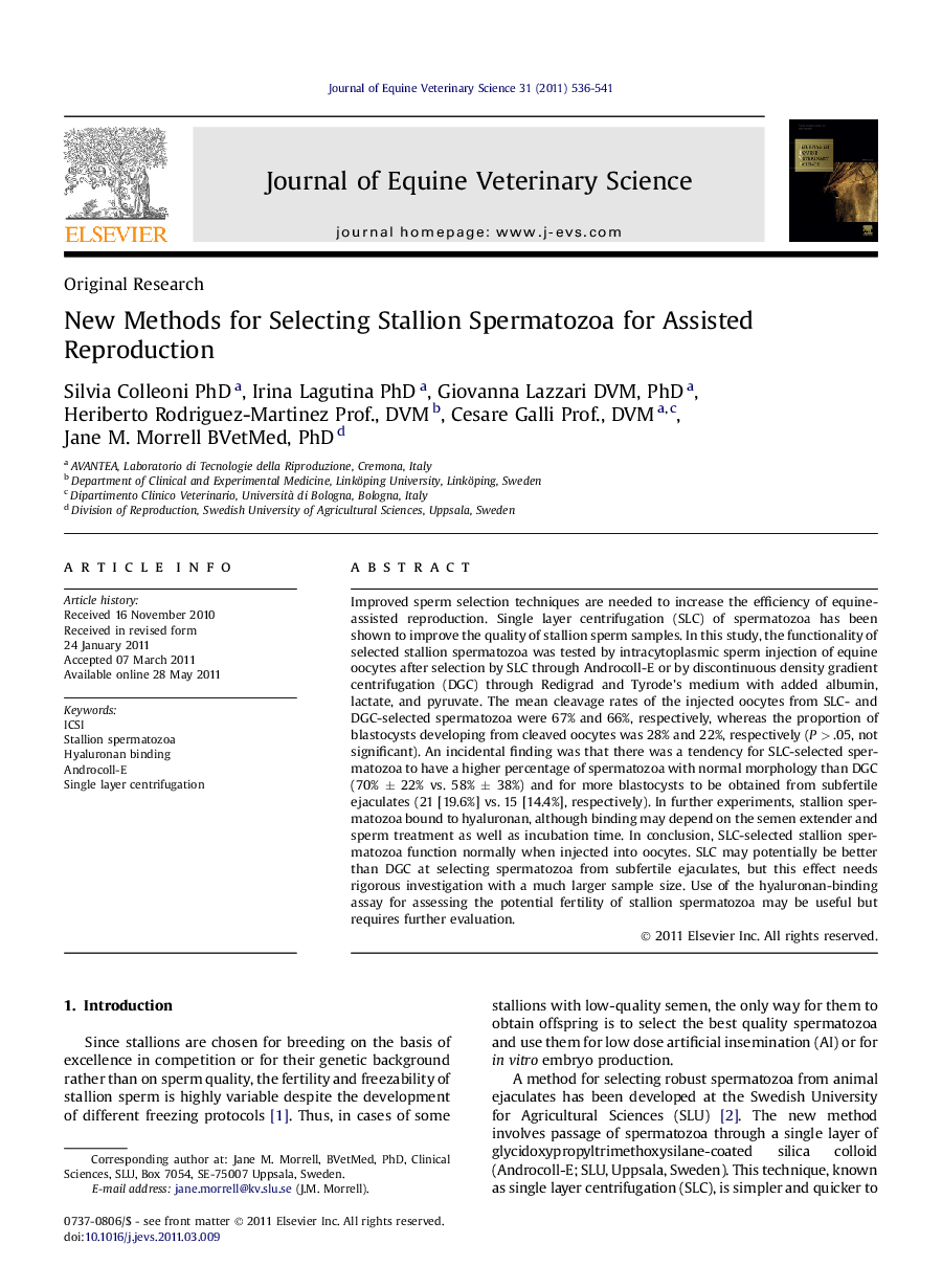 New Methods for Selecting Stallion Spermatozoa for Assisted Reproduction