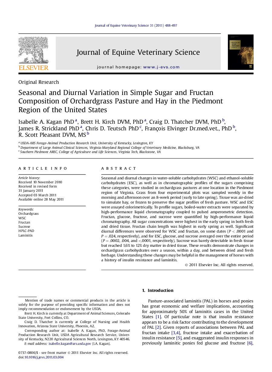 Seasonal and Diurnal Variation in Simple Sugar and Fructan Composition of Orchardgrass Pasture and Hay in the Piedmont Region of the United States 