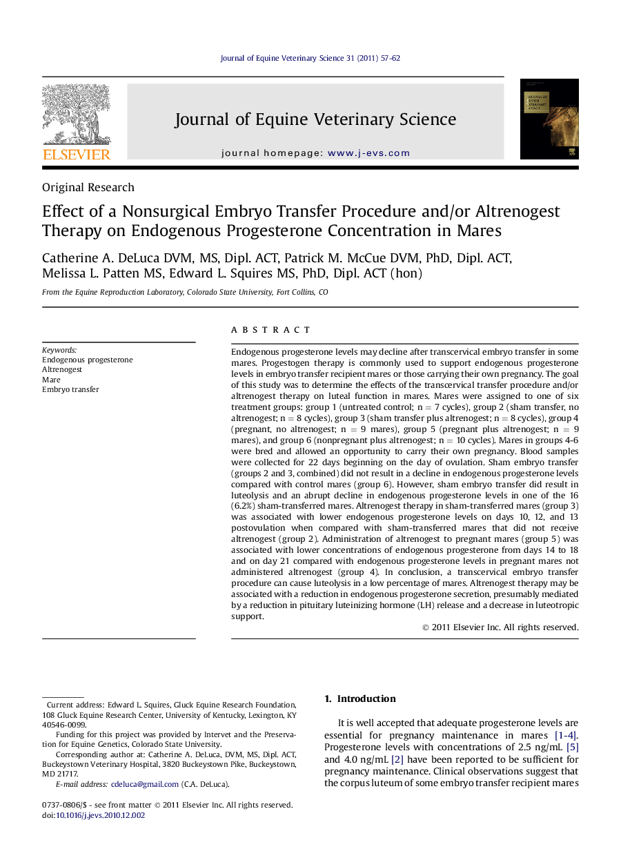 Effect of a Nonsurgical Embryo Transfer Procedure and/or Altrenogest Therapy on Endogenous Progesterone Concentration in Mares 