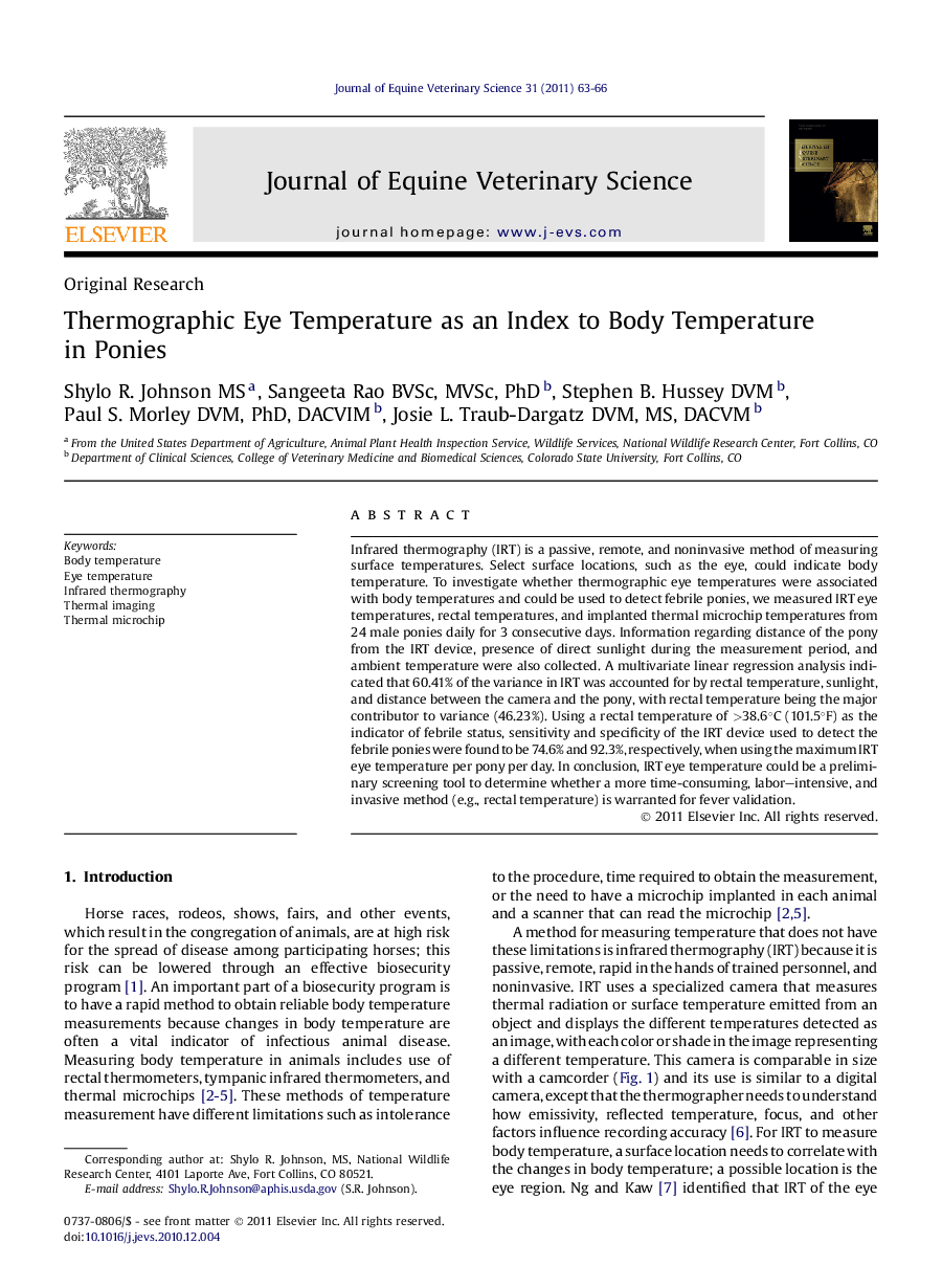 Thermographic Eye Temperature as an Index to Body Temperature in Ponies