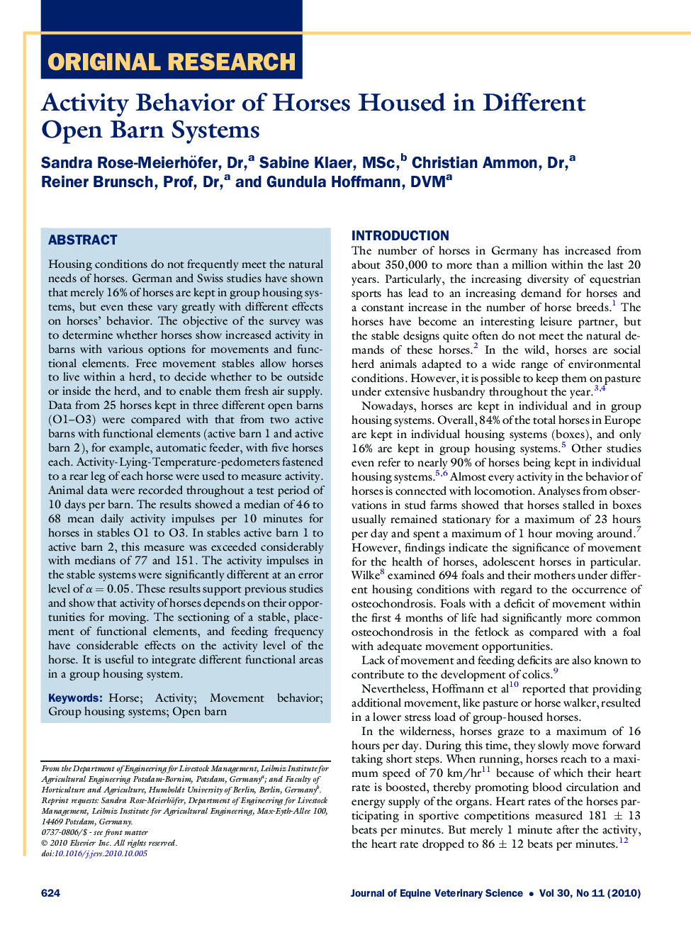 Activity Behavior of Horses Housed in Different Open Barn Systems
