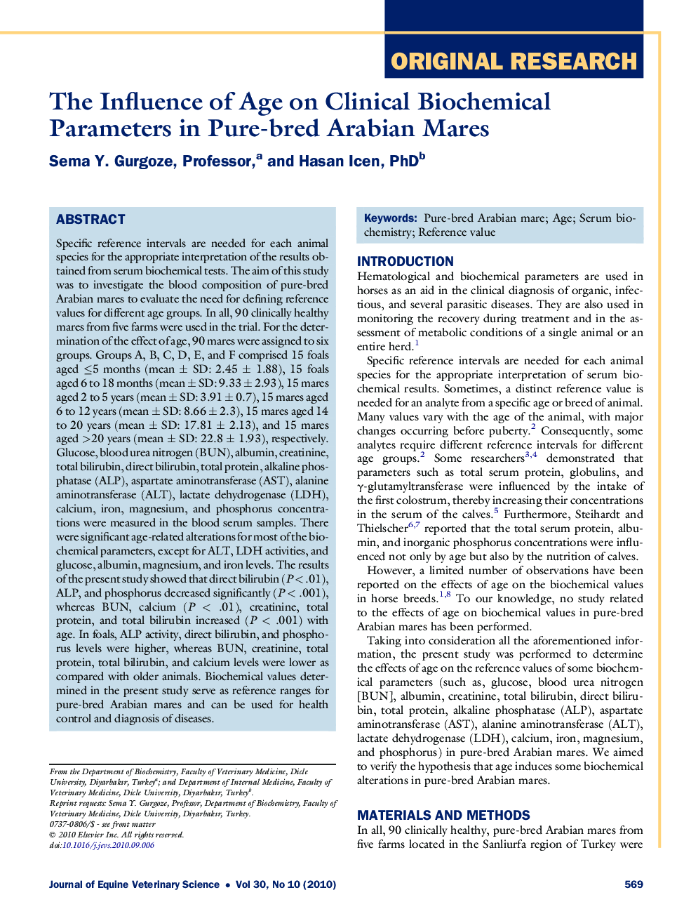 The Influence of Age on Clinical Biochemical Parameters in Pure-bred Arabian Mares