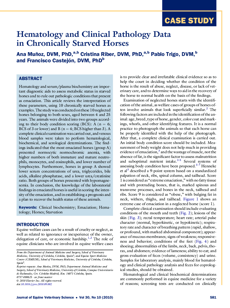 Hematology and Clinical Pathology Data in Chronically Starved Horses