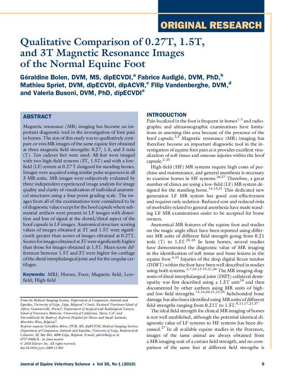 Qualitative Comparison of 0.27T, 1.5T, and 3T Magnetic Resonance Images of the Normal Equine Foot