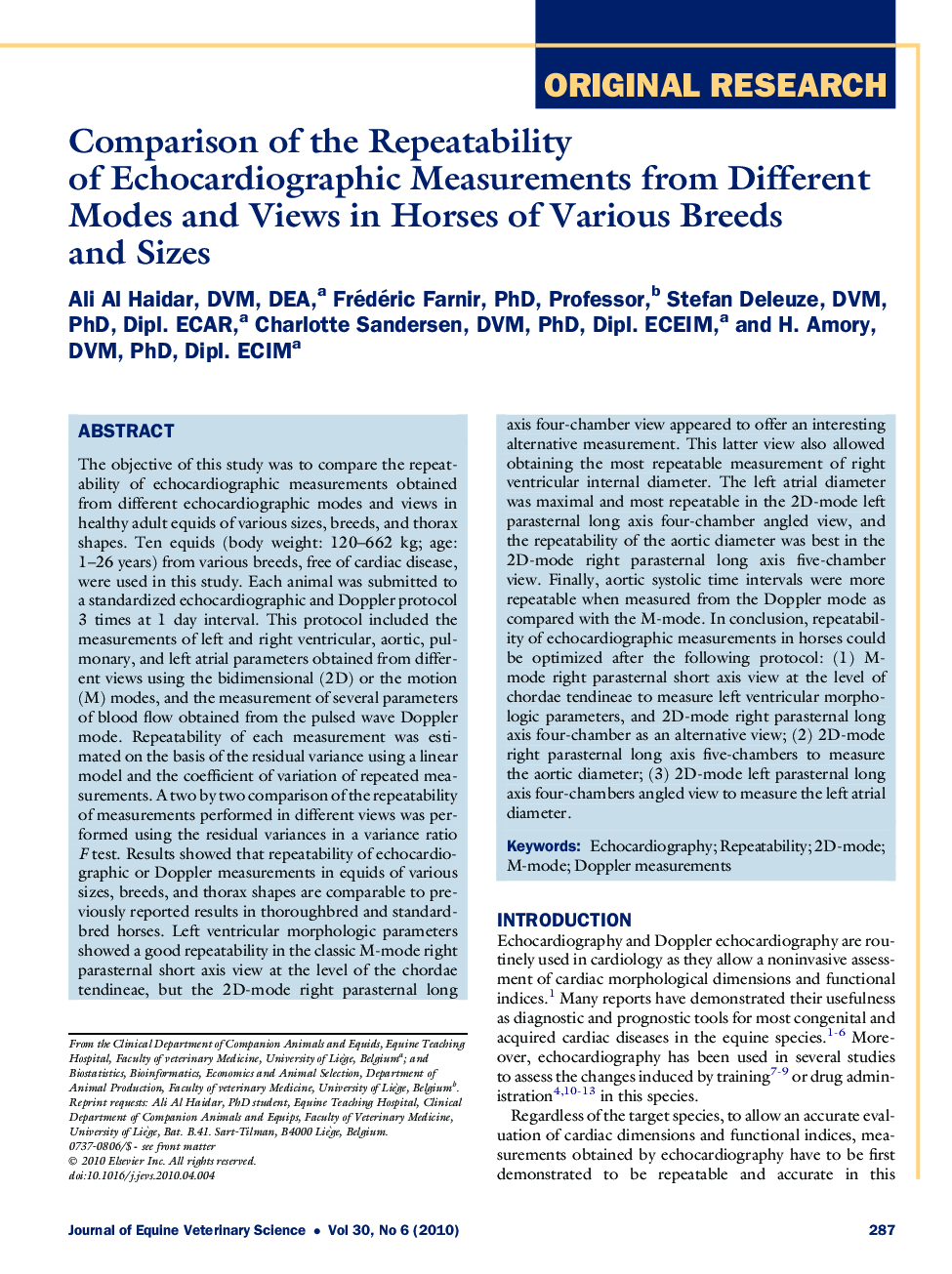 Comparison of the Repeatability of Echocardiographic Measurements from Different Modes and Views in Horses of Various Breeds and Sizes