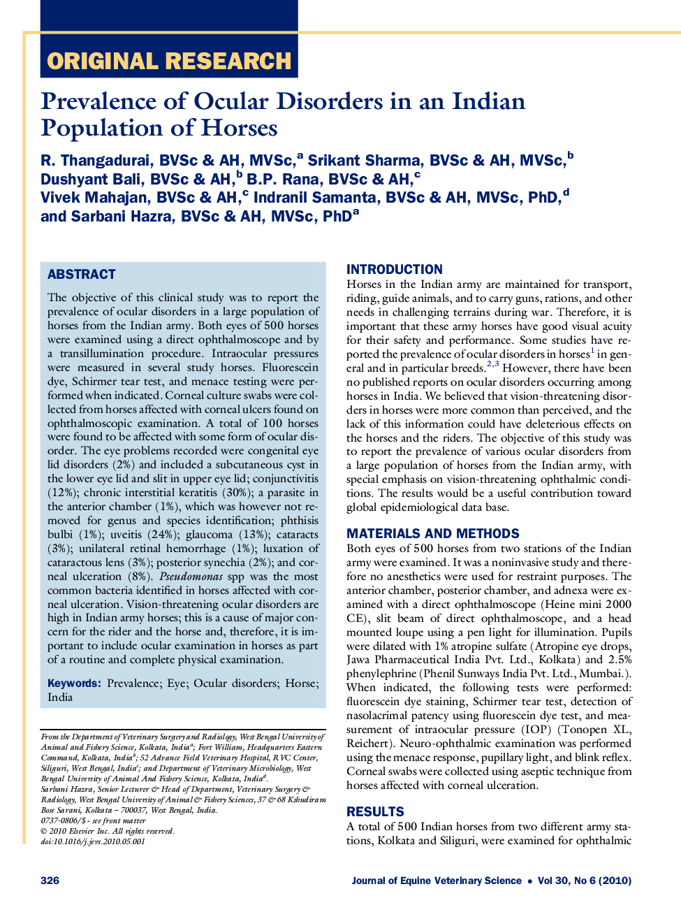 Prevalence of Ocular Disorders in an Indian Population of Horses