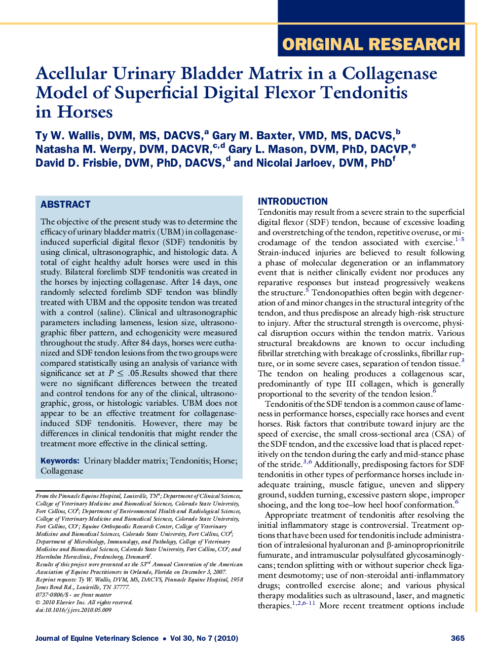 Acellular Urinary Bladder Matrix in a Collagenase Model of Superficial Digital Flexor Tendonitis in Horses