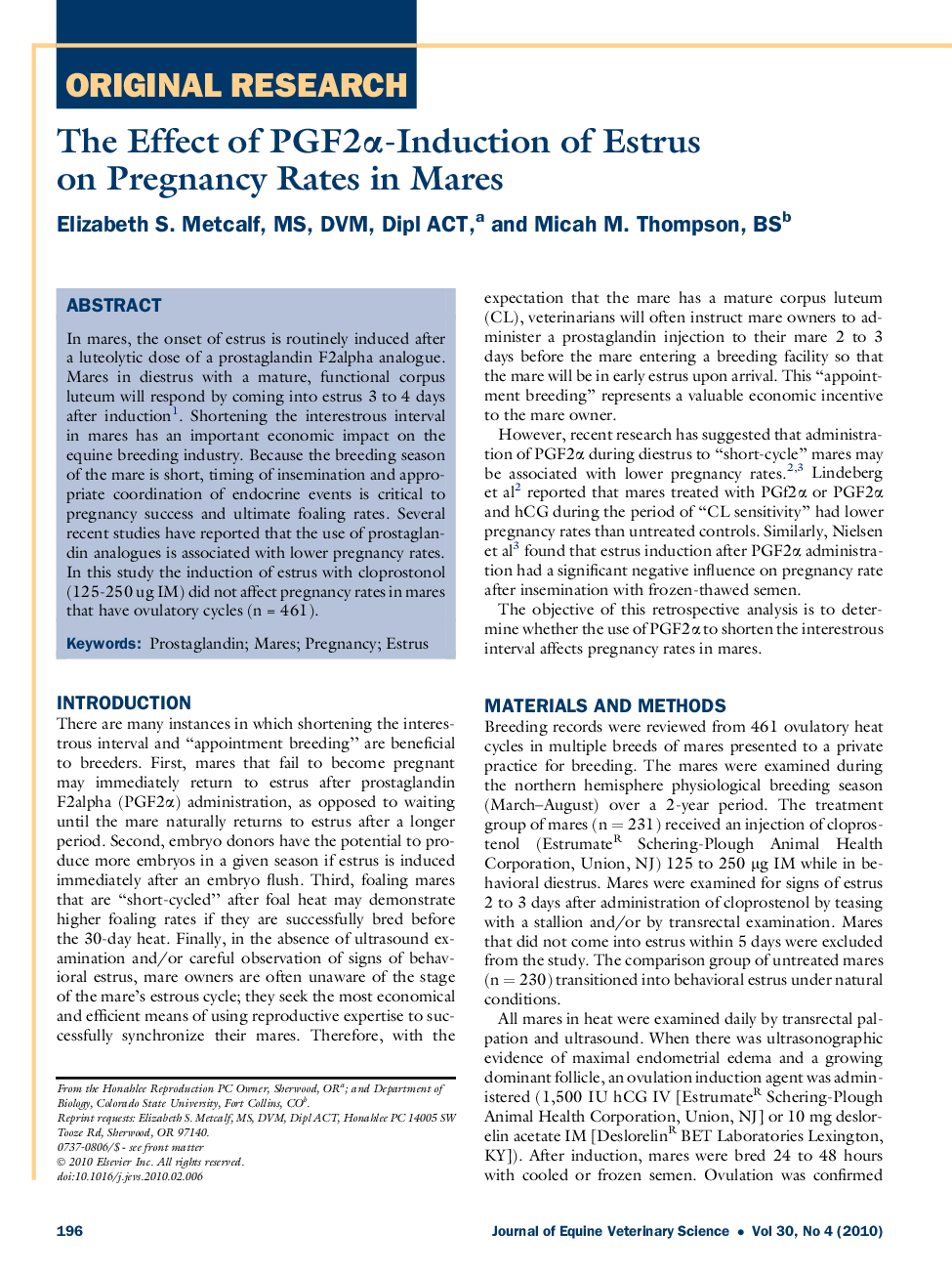 The Effect of PGF2α-Induction of Estrus on Pregnancy Rates in Mares