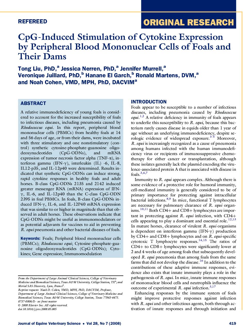 CpG-Induced Stimulation of Cytokine Expression by Peripheral Blood Mononuclear Cells of Foals and Their Dams 