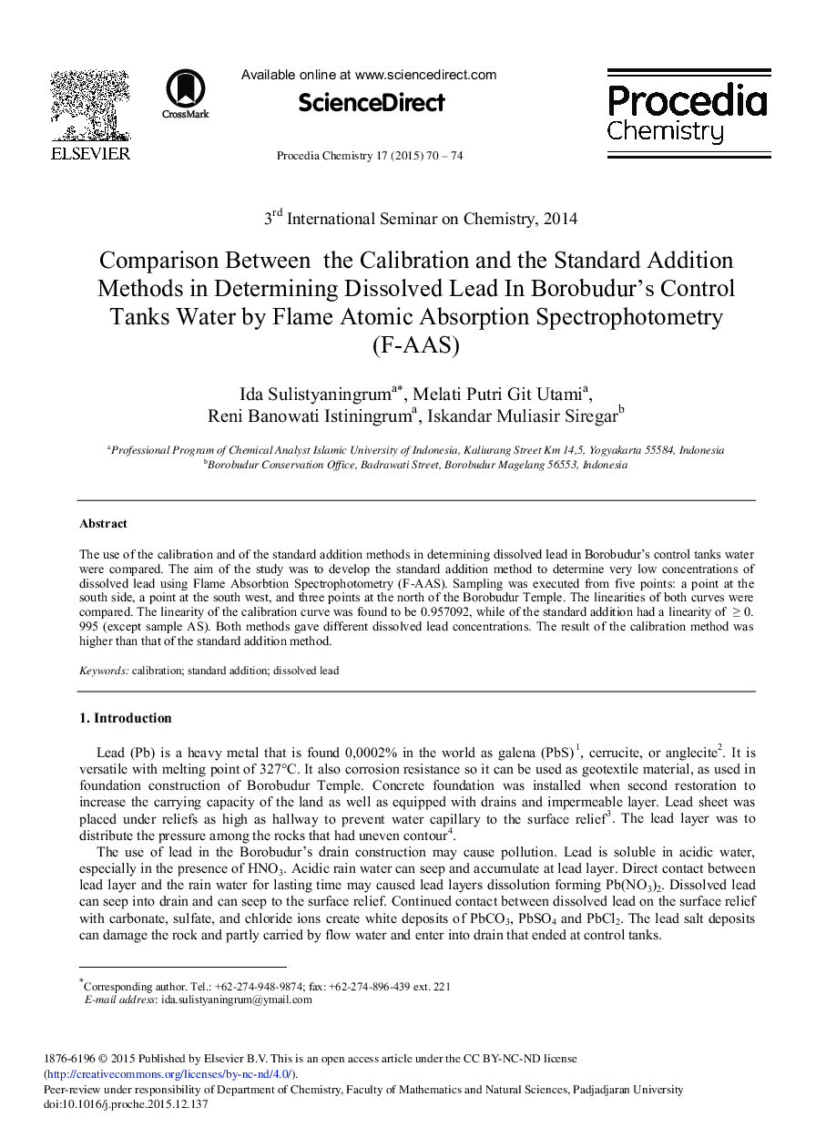 Comparison Between the Calibration and the Standard Addition Methods in Determining Dissolved Lead in Borobudur's Control Tanks Water by Flame Atomic Absorption Spectrophotometry (F-AAS) 