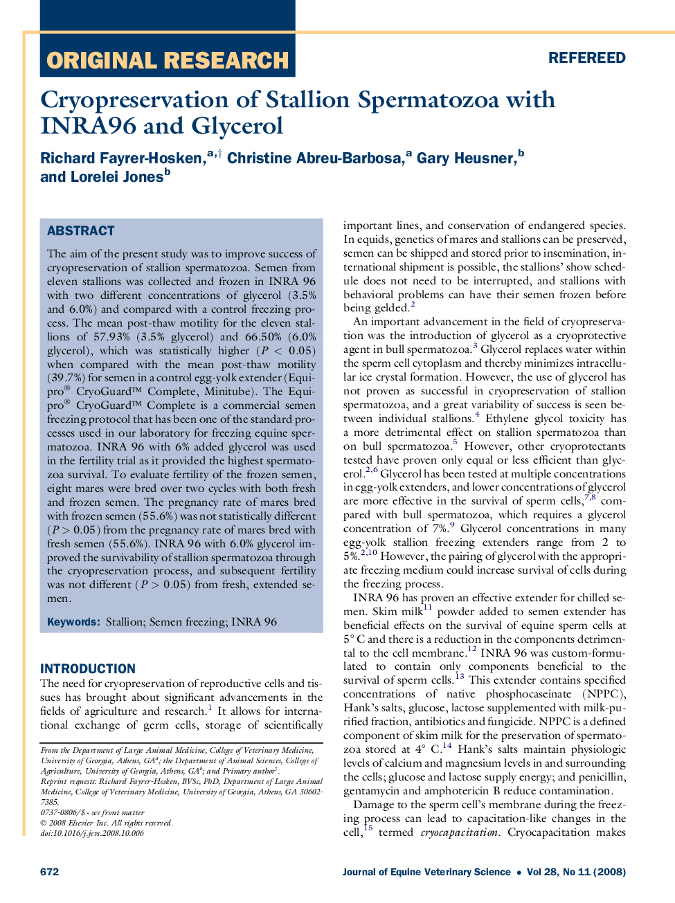 Cryopreservation of Stallion Spermatozoa with INRA96 and Glycerol 