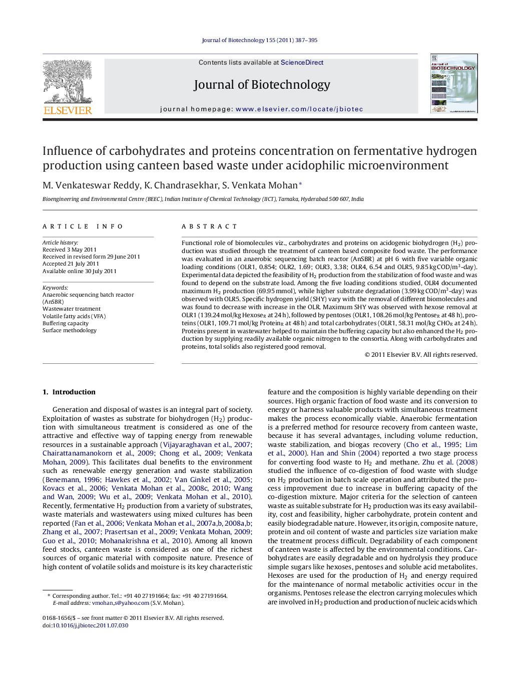 عکس صفحه اول مقاله: Influence of carbohydrates and proteins concentration on fermentative hydrogen production using canteen based waste under acidophilic microenvironment Influence of carbohydrates and proteins concentration on fermentative hydrogen production using canteen based waste under acidophilic microenvironment