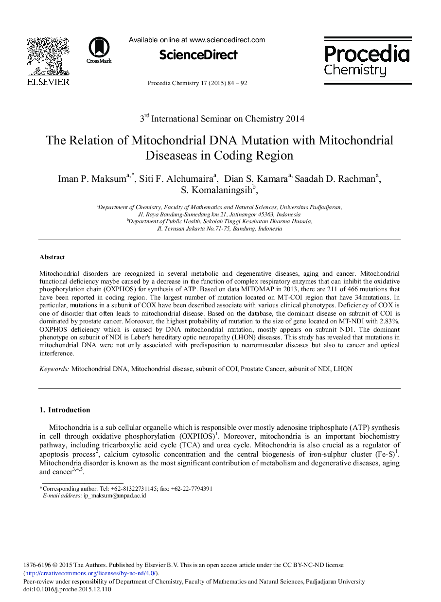 The Relation of Mitochondrial DNA Mutation with Mitochondrial Diseaseas in Coding Region 