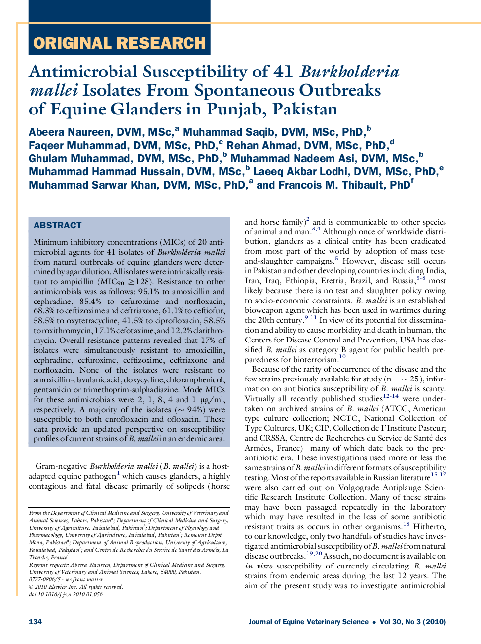 Antimicrobial Susceptibility of 41 Burkholderia mallei Isolates From Spontaneous Outbreaks of Equine Glanders in Punjab, Pakistan