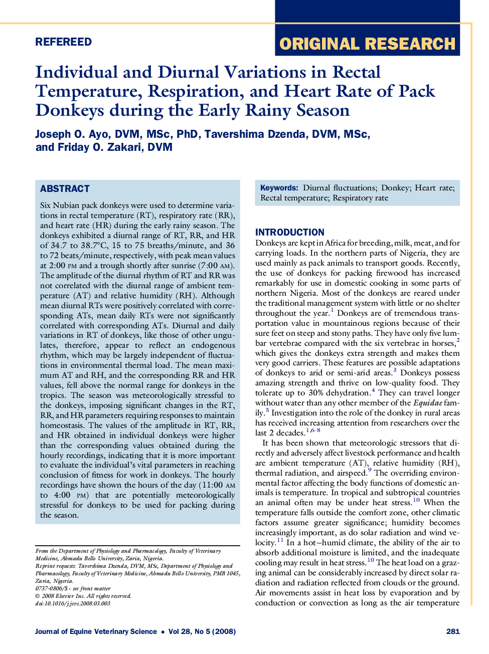 Individual and Diurnal Variations in Rectal Temperature, Respiration, and Heart Rate of Pack Donkeys during the Early Rainy Season 