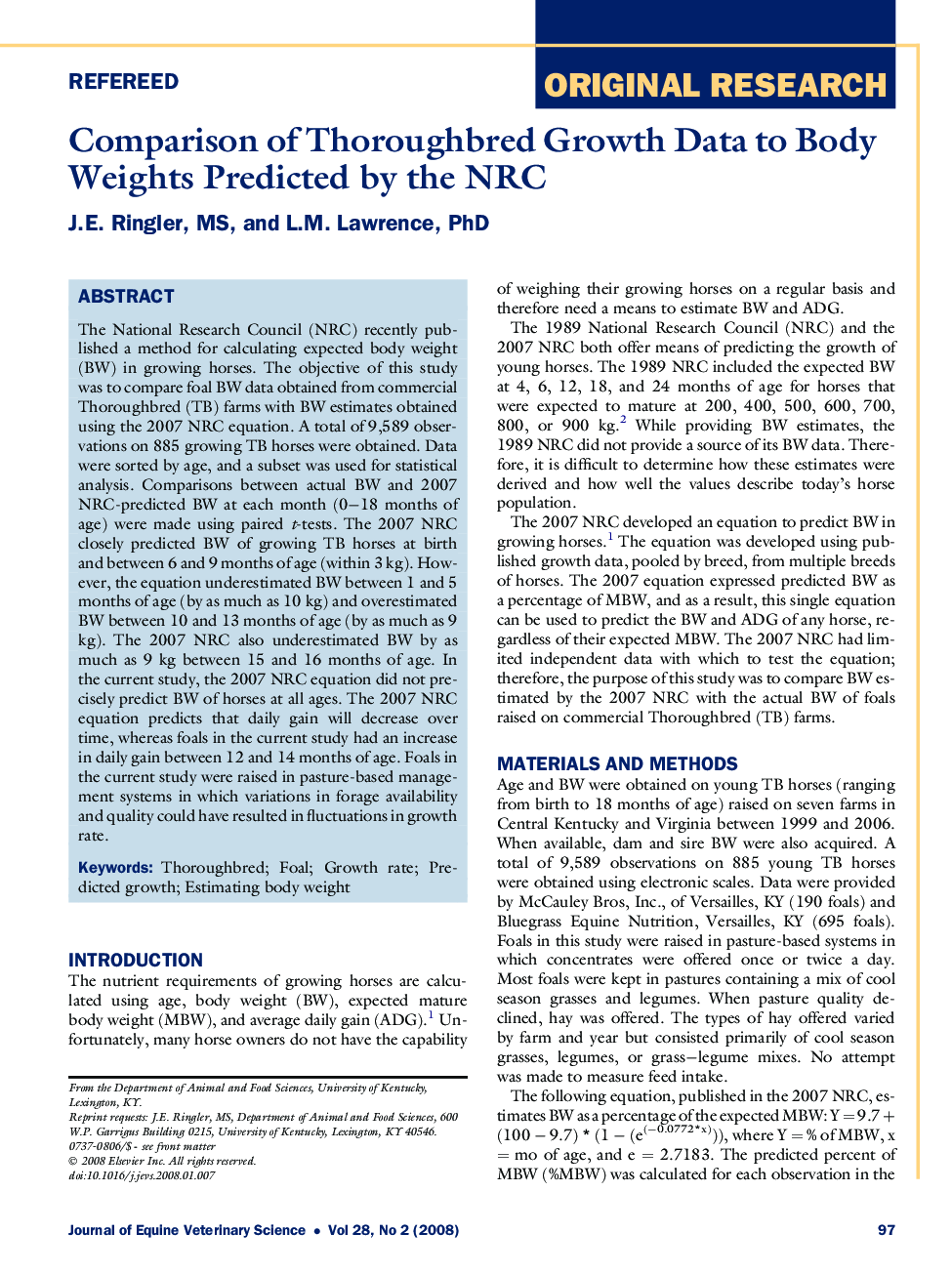 Comparison of Thoroughbred Growth Data to Body Weights Predicted by the NRC 