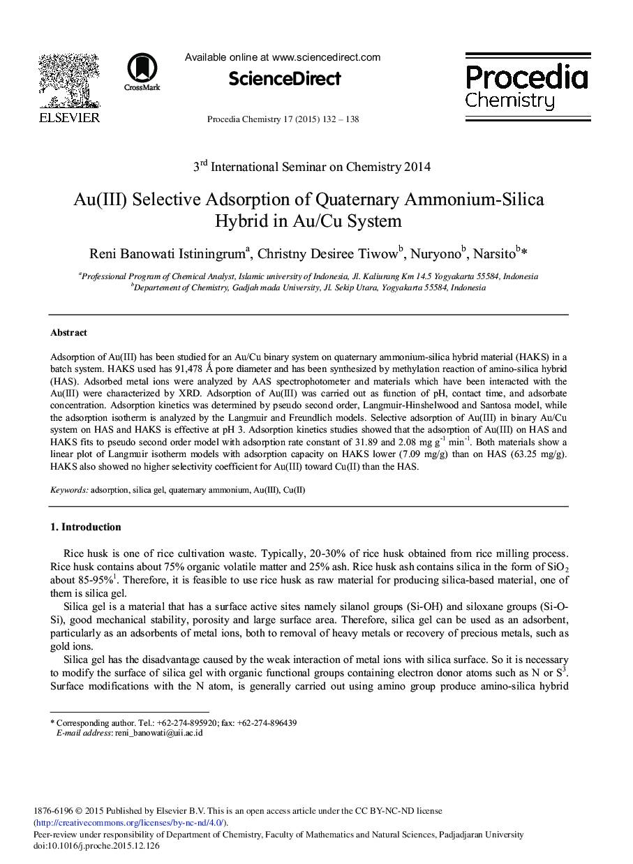 Au(III) Selective Adsorption of Quaternary Ammonium-Silica Hybrid in Au/Cu System 