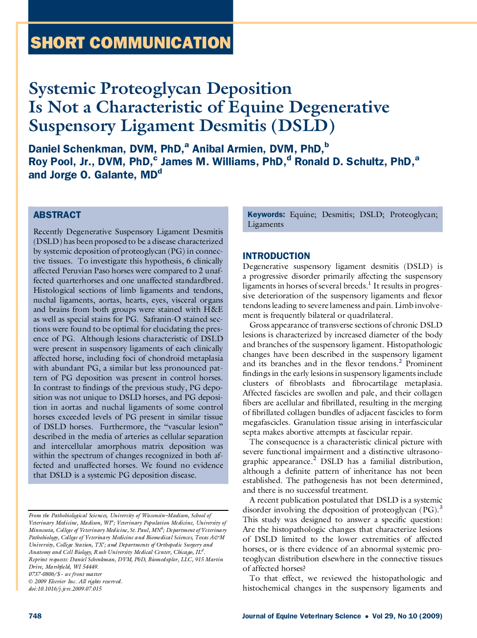 Systemic Proteoglycan Deposition Is Not a Characteristic of Equine Degenerative Suspensory Ligament Desmitis (DSLD)