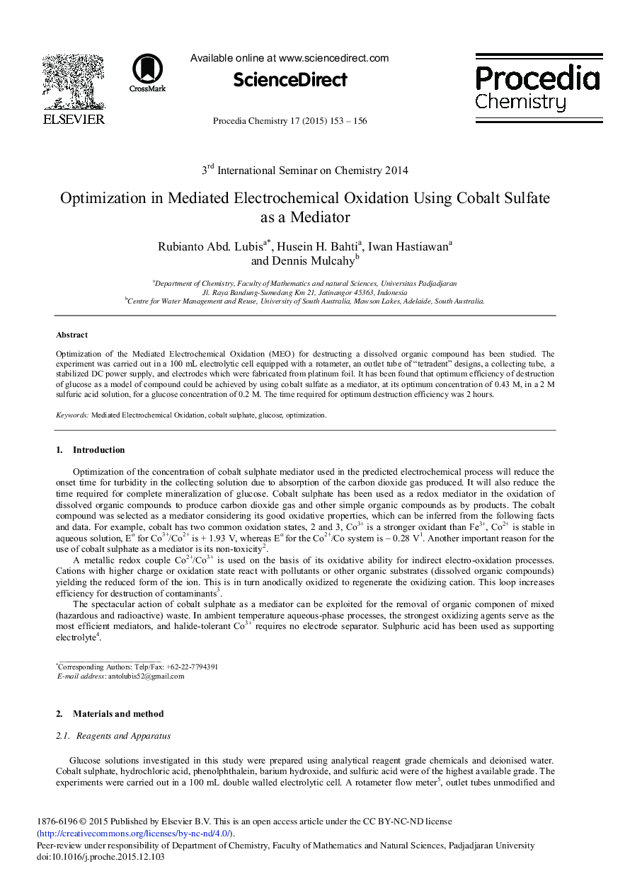 Optimization in Mediated Electrochemical Oxidation Using Cobalt Sulfate as a Mediator 