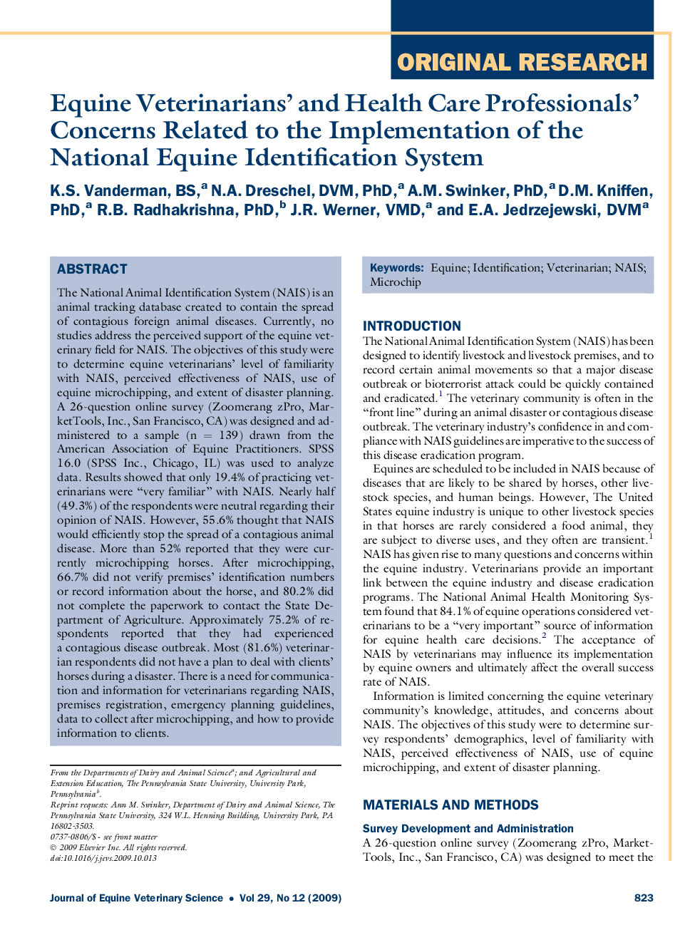 Equine Veterinarians' and Health Care Professionals' Concerns Related to the Implementation of the National Equine Identification System