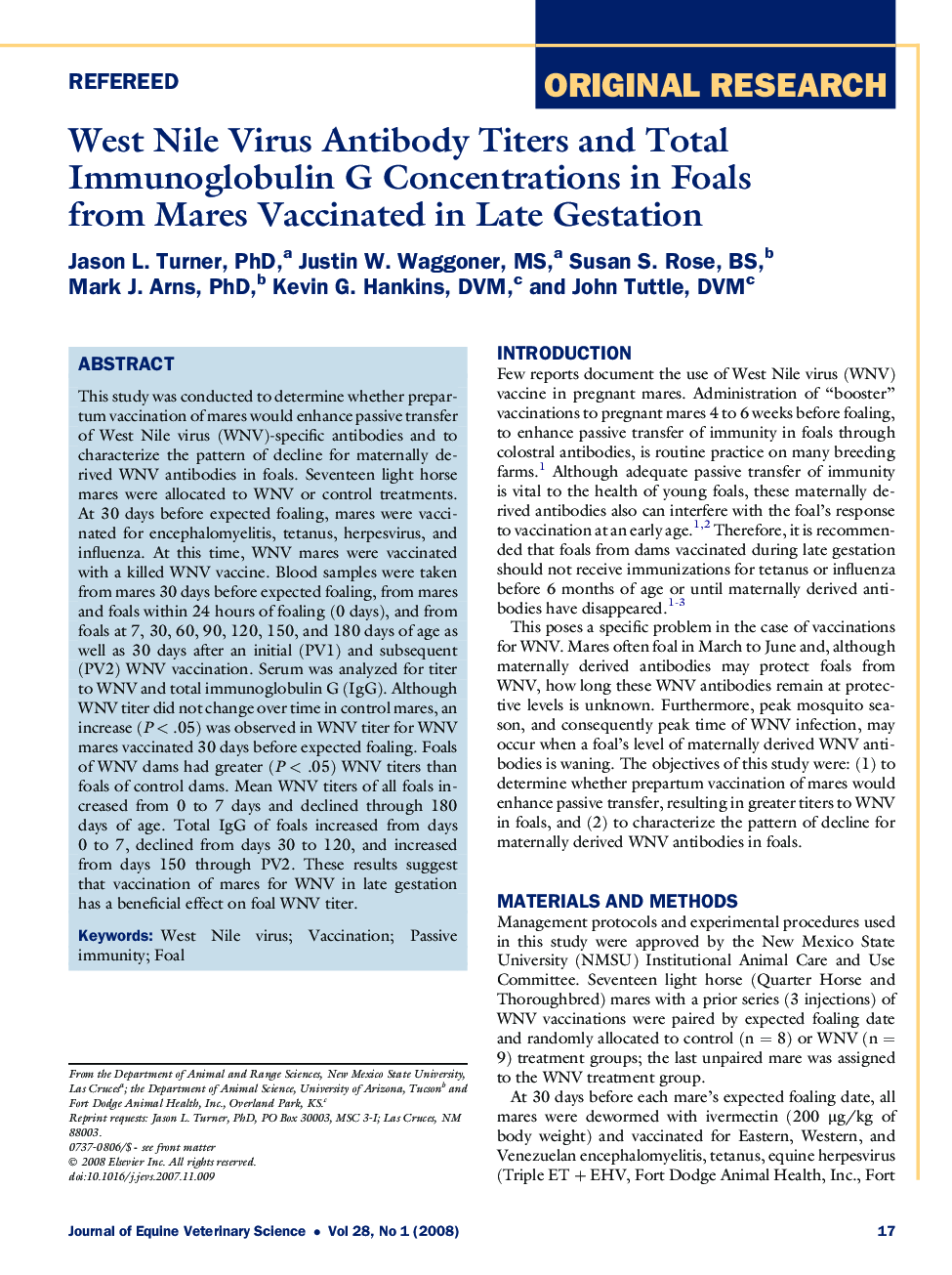 West Nile Virus Antibody Titers and Total Immunoglobulin G Concentrations in Foals from Mares Vaccinated in Late Gestation 