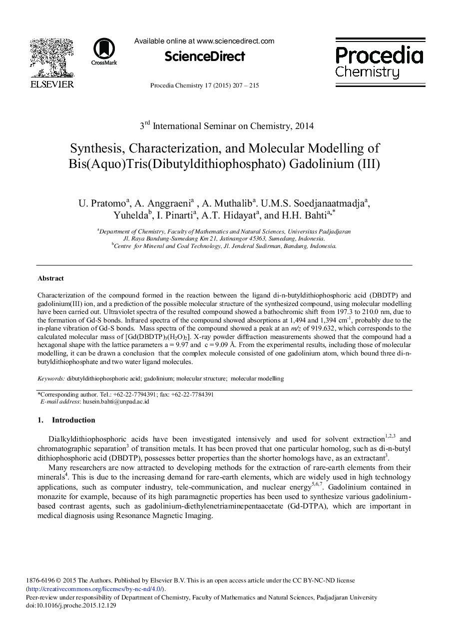 Synthesis, Characterization, and Molecular Modelling of Bis(Aquo)Tris(Dibutyldithiophosphato) Gadolinium (III) 