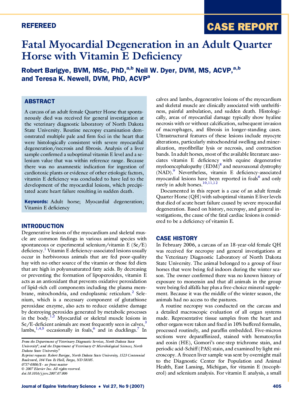 Fatal Myocardial Degeneration in an Adult Quarter Horse with Vitamin E Deficiency 