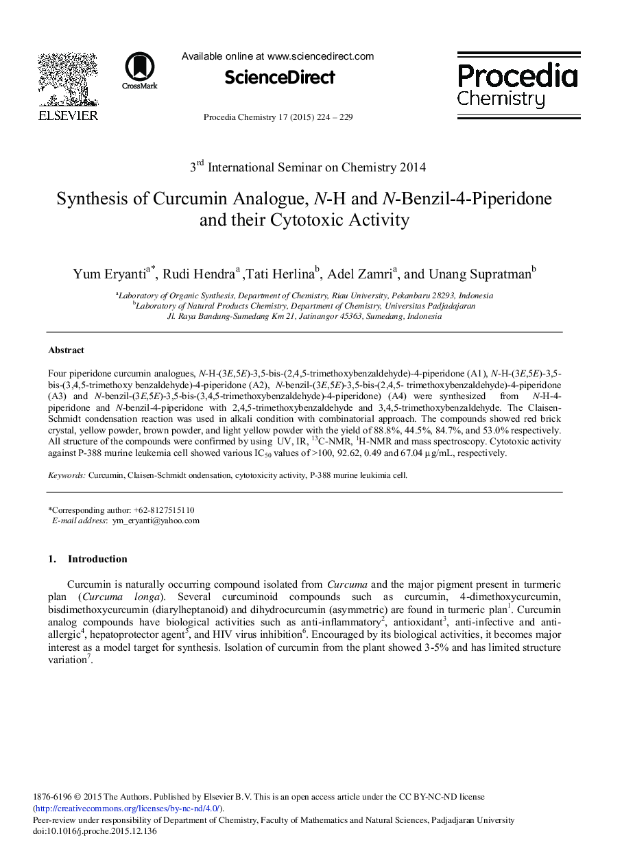 Synthesis of Curcumin Analogue, N-H and N-Benzil-4-Piperidone and their Cytotoxic Activity 