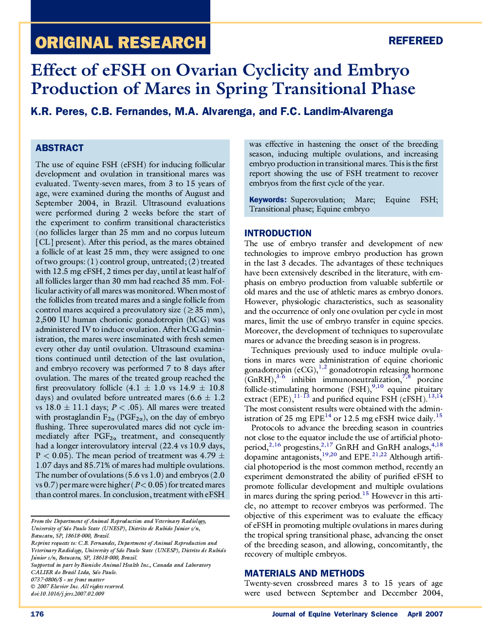 Effect of eFSH on Ovarian Cyclicity and Embryo Production of Mares in Spring Transitional Phase 