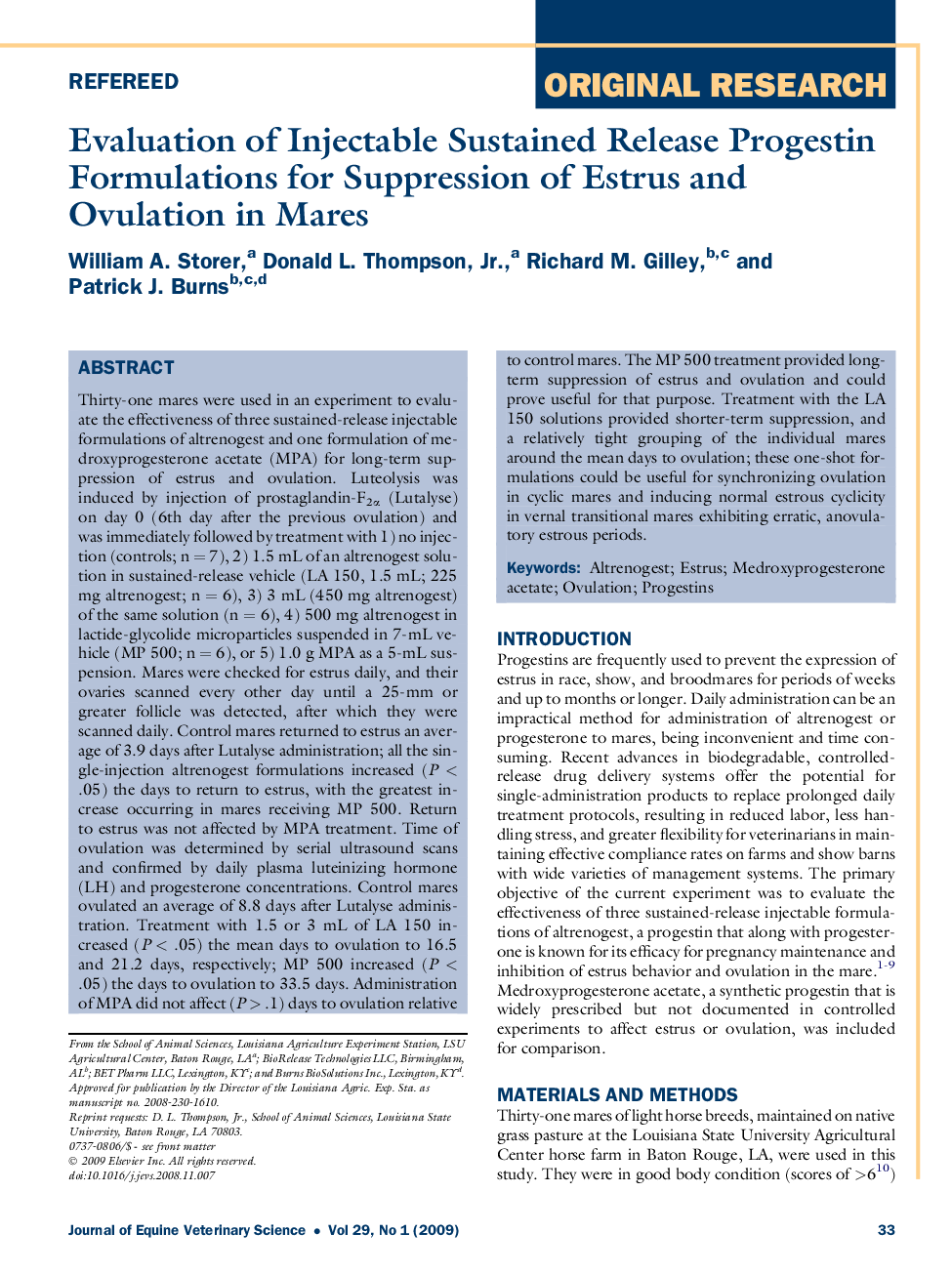 Evaluation of Injectable Sustained Release Progestin Formulations for Suppression of Estrus and Ovulation in Mares 
