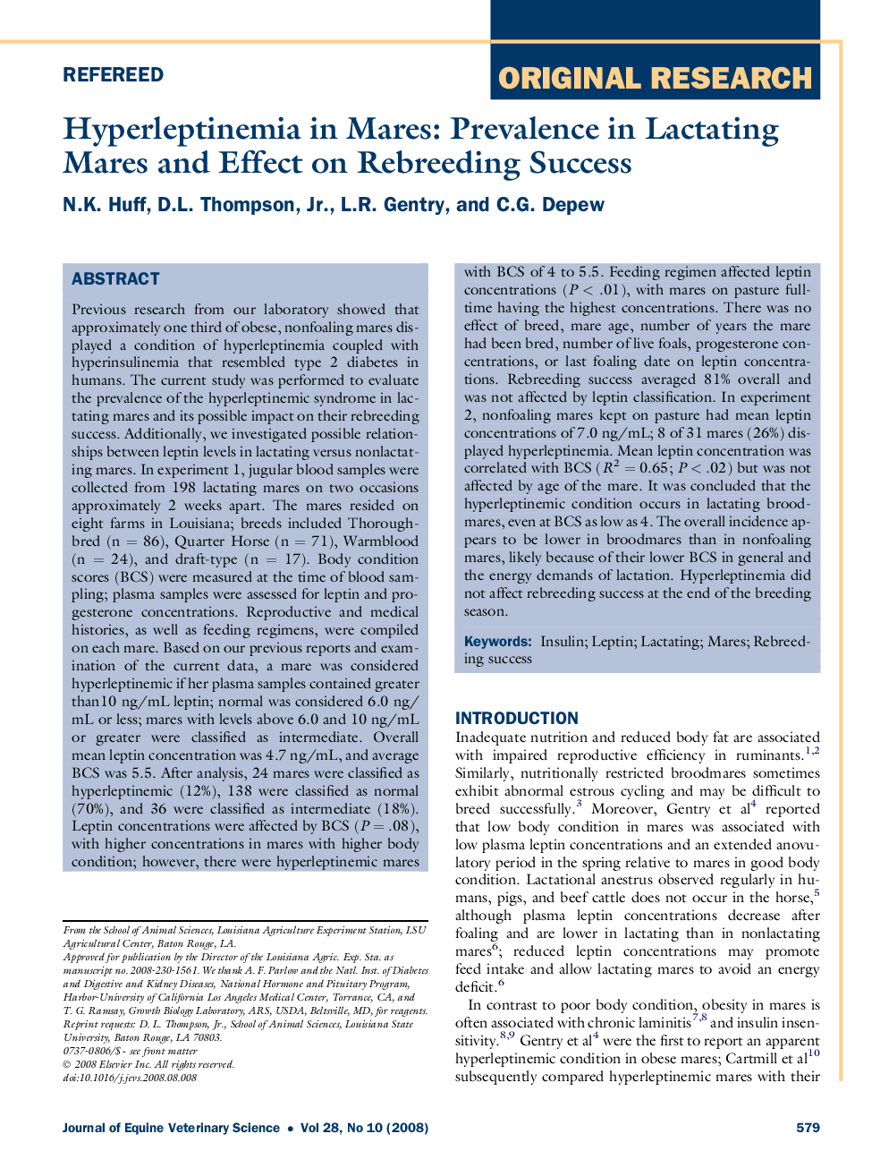 Hyperleptinemia in Mares: Prevalence in Lactating Mares and Effect on Rebreeding Success 