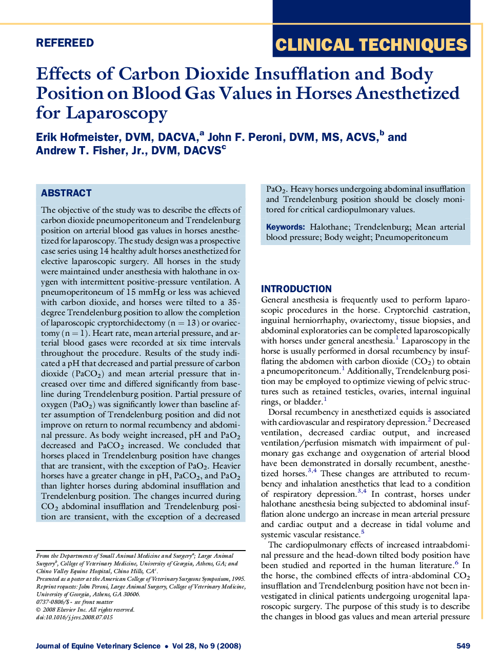 Effects of Carbon Dioxide Insufflation and Body Position on Blood Gas Values in Horses Anesthetized for Laparoscopy 