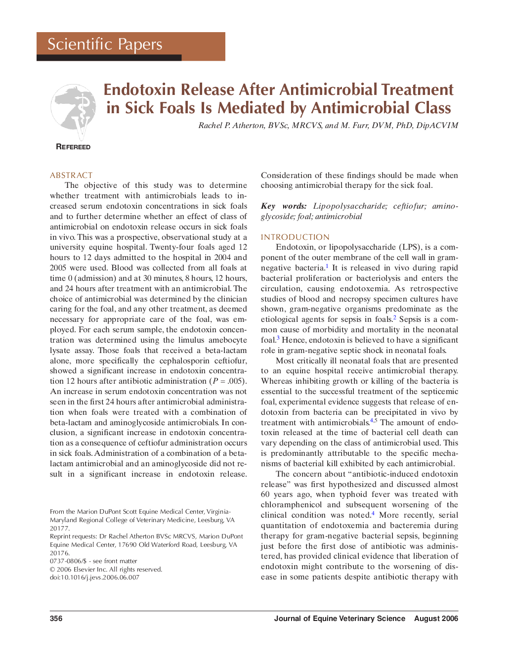 Endotoxin release after antimicrobial treatment in sick foals is mediated by antimicrobial class 