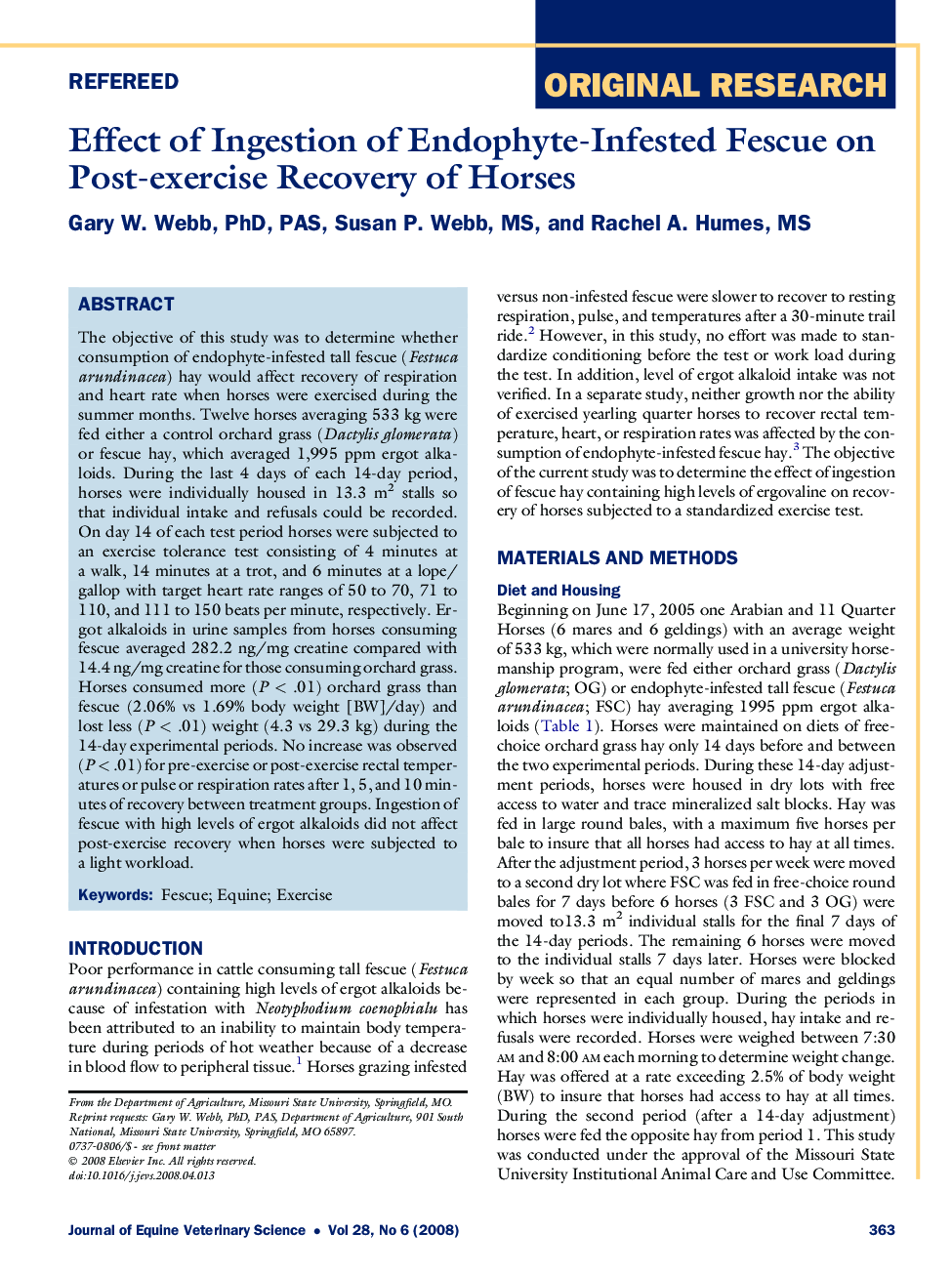 Effect of Ingestion of Endophyte-Infested Fescue on Post-exercise Recovery of Horses 