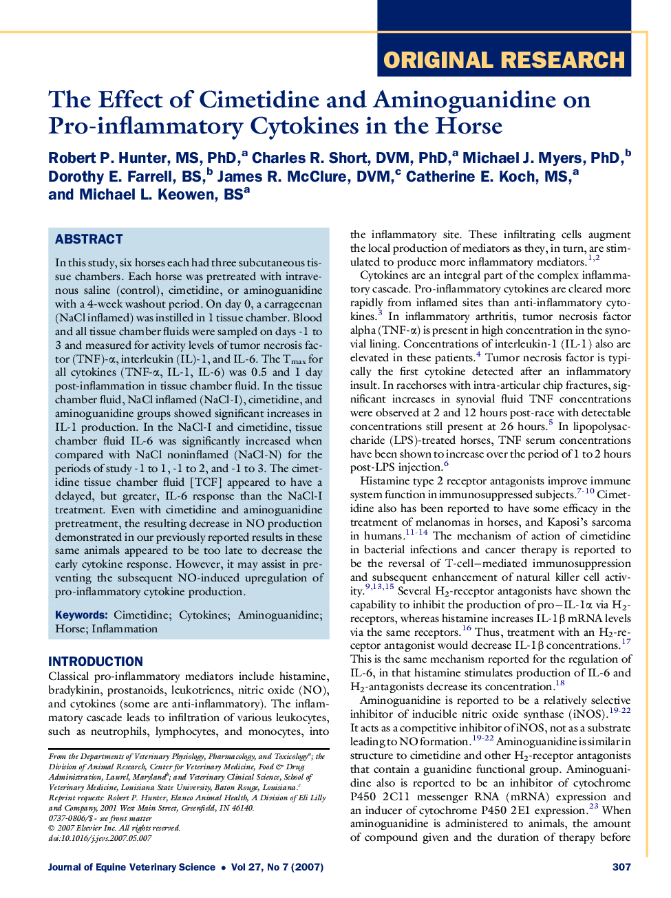 The Effect of Cimetidine and Aminoguanidine on Pro-inflammatory Cytokines in the Horse